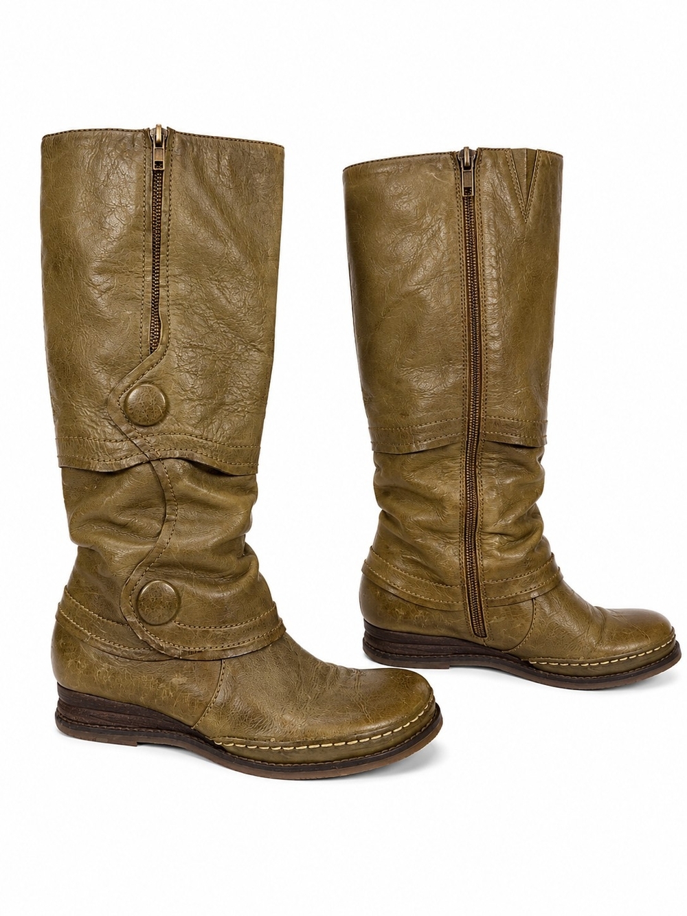Miz Mooz Olive Green Leather Knee High Side Zip Boots Size 7